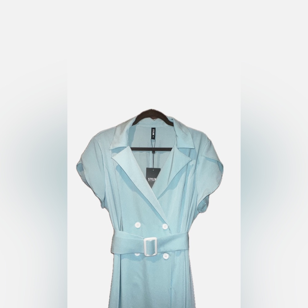 Elegant Aqua Blue Belted Button Up Dress